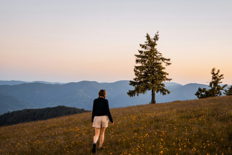 A woman walks towards a tree on a hill.